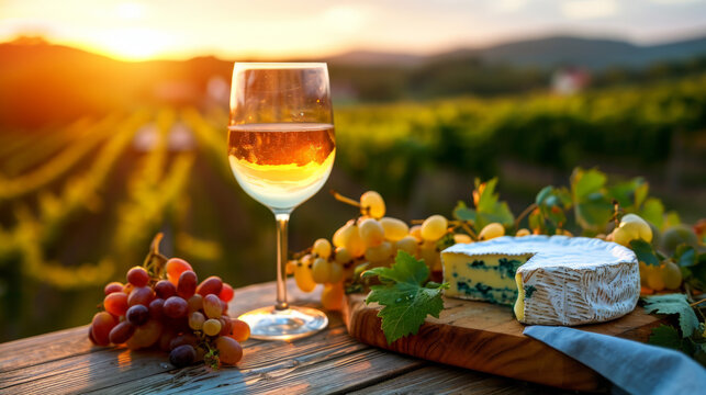 Présentation d'un plateau de fromage avec verre de vin, grappe de raisin et bouteille de vin sur fond de décor de vignoble