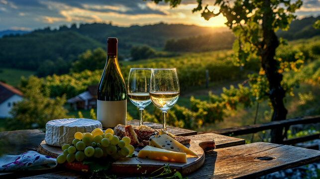 Pr&eacute;sentation d'un plateau de fromage avec verre de vin, grappe de raisin et bouteille de vin sur fond de d&eacute;cor de vignoble