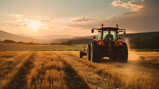 Fototapeta A farmer driving a tractor in a field