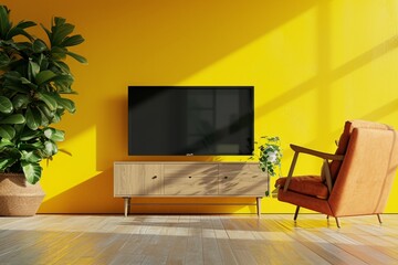 Render a 3D mockup of a TV in a contemporary living room, accompanied by an armchair and a plant against a yellow wall