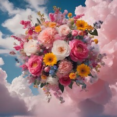 Template collage generative ai surreal bouquet shape love heart pink flowers sympathy wedding decoration isolated over clouds background