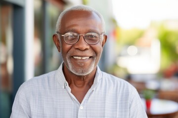 Portrait of a glad afro-american elderly man in his 90s donning a classy polo shirt against a scandinavian-style interior background. AI Generation