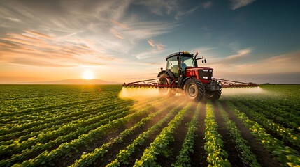 Fototapeta premium tractor is spraying pesticide on a field at sunset or dawn with a dramatic sky in the background