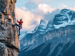 A person rock climbing with a breathtaking mountain backdrop