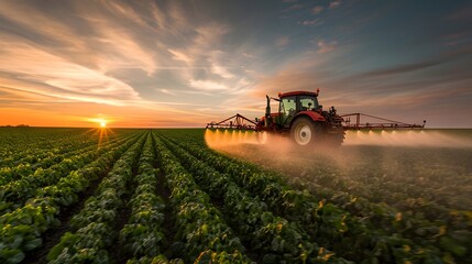 Fototapeta premium tractor is spraying pesticide on a field at sunset or dawn with a dramatic sky in the background