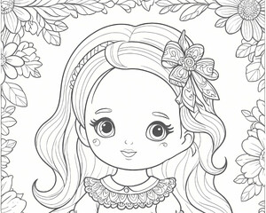 Little girl with flowers, coloring page, which you can print it on inch paper. Doll with big eyes, thin eyebrows, wavy long hair, baby face, cute illustration for kid's book on white background. BW 