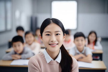 Portrait of smiling beautiful asian teacher in a class at elementary school looking at camera with students on background