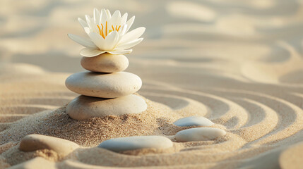 Fototapeta na wymiar Lily on spa stones in a zen garden, spirituality background 