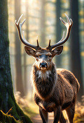 Deer antlers portrait in the woods , wildlife animal