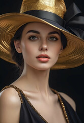Portrait Elegant woman with hat black and gold , Modern art