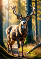 Deer antlers portrait in the woods , wildlife animal