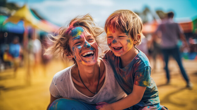 Mother with son celebrating Holi Fest, laughing and hugging, stained by colored pigments tied in the air. Artificial intelligence generated