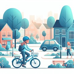 Illustration of a young woman cycling in a residential neighborhood
