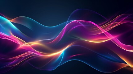 Vibrant neon light waves on a dark background, abstract and futuristic background