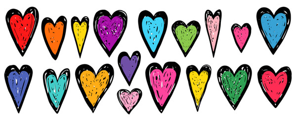 Cute colorful vector doodle heart shapes with black outlines, empty labels, tags set for kids designs