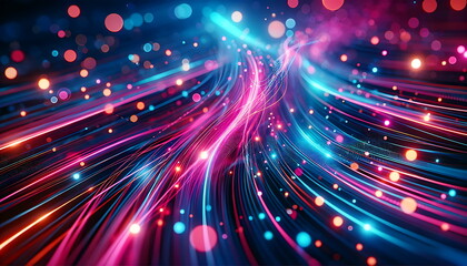 abstract background with pink blue glowing neon lines and bokeh lights.