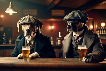 Dogs at the bar drinking beer , Mafia clothes , animal with a hat