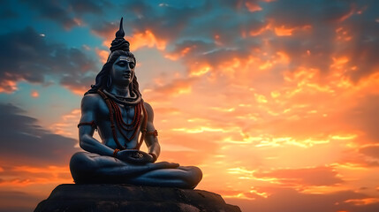 back lit statue of hindu god lord shiva in meditation posture with dramatic sky from unique angle,
