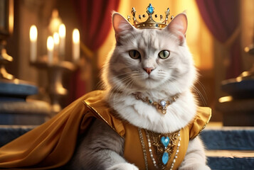 Queen cat, animal princess, queen clothes and crown, animal