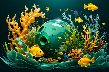Fototapeta na wymiar marine aquarium green and yellow fish eating and blowing up under the sea with corals and other sea creatures.