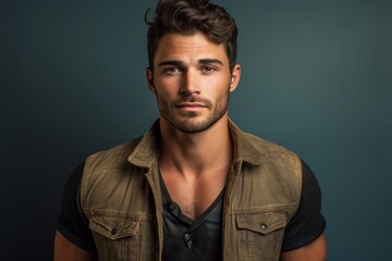 Obraz premium Portrait of a satisfied man in his 20s wearing a rugged jean vest against a blank studio backdrop. AI Generation