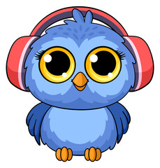 Owl in headphones. Cartoon bird character. Funny mascot