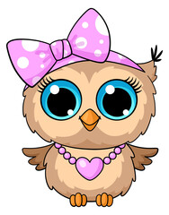 Cute owl in pink outfit. Funny baby bird