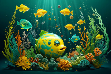 Fototapeta na wymiar marine aquarium green and yellow fish eating and blowing up under the sea with corals and other sea creatures.