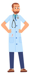 Friendly doctor with thermometer and stethoscope. Professional character