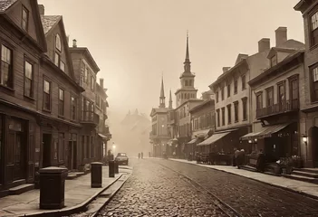  Vintage black and white (sepia) photograph of the old town of the 19th century with fog and smoke, streets in the old town, Old photograph, © Perecciv