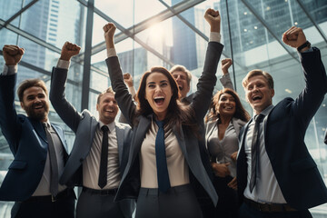 An inspiring depiction of a business team celebrating success, hands raised in a triumphant gesture, showcasing the collective strength and achievements of the team.