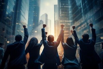 An inspiring depiction of a business team celebrating success, hands raised in a triumphant gesture, showcasing the collective strength and achievements of the team.