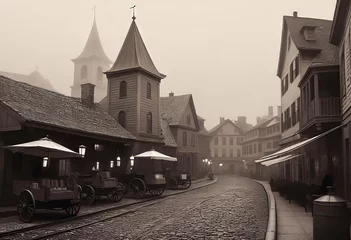 Türaufkleber Vintage black and white (sepia) photograph of the old town of the 19th century with fog and smoke, streets in the old town, Old photograph, © Perecciv