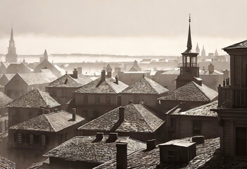 Vintage black and white (sepia) photograph of the old town of the 19th century with fog and smoke,...