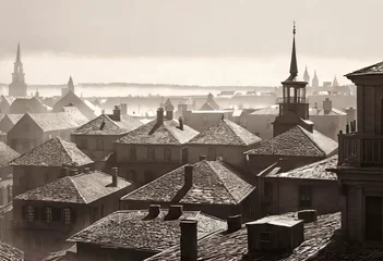 Cercles muraux Paris Vintage black and white (sepia) photograph of the old town of the 19th century with fog and smoke, streets in the old town, Old photograph,