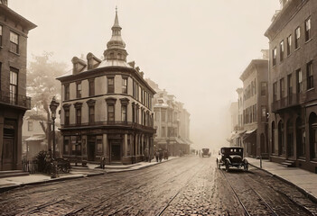 Vintage black and white (sepia) photograph of the old town of the 19th century with fog and smoke, streets in the old town, Old photograph, - Powered by Adobe