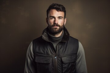 Obraz premium Portrait of a content man in his 30s dressed in a water-resistant gilet against a light wood minimalistic setup. AI Generation