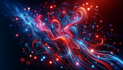abstract background with red blue glowing neon lines and bokeh lights.