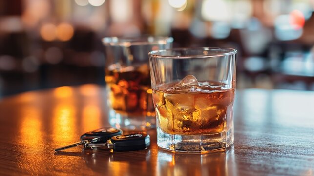Car keys and two alcoholic drinks on the table in daylight pub