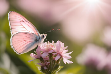 Primer plano de una mariposa rosa y blanca, suave y delicada, descansa sobre una flor en un campo de colores vibrantes. Una visión encantadora que evoca la belleza efímera de la naturaleza. IA. - obrazy, fototapety, plakaty