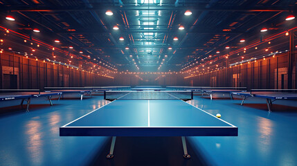 Professional table tennis arena with illuminated tables, blue floor no spectators empty, preparing...