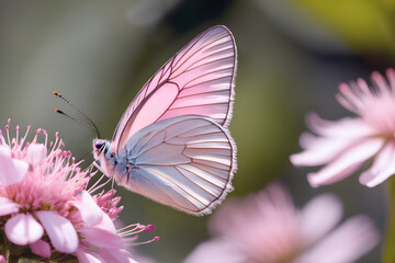 En esta imagen cautivadora, una mariposa etérea con suave pelusa rosada y blanca reposa delicadamente sobre una flor en un campo lleno de flores vibrantes. Hecho con IA. - obrazy, fototapety, plakaty