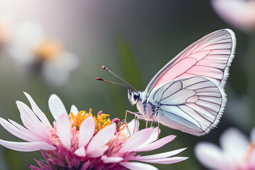 Una mariposa delicada en tonos rosados posada sobre una flor, rodeada por un campo de flores. Una escena encantadora que irradia color y naturaleza efímera de la primavera. IA.  - obrazy, fototapety, plakaty