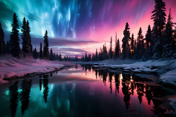 Aurora Borealis Northern Lights Over Water With Sky Reflection 