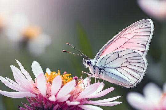 Una mariposa delicada en tonos rosados posada sobre una flor, rodeada por un campo de flores. Una escena encantadora que irradia color y naturaleza efímera de la primavera. IA. 