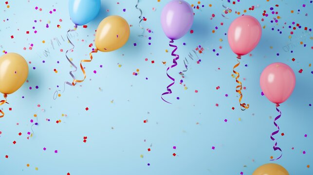 Balloons, Streamers, and Confetti Adorning an Empty Background with copy space, Happy Atmosphere of the Festival, carnival or birthday party.