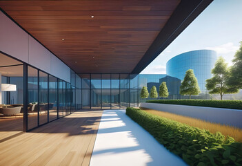 Eco friendly building in modern city, 3D rendering, sustainable glass office building to reduce CO2 emissions,