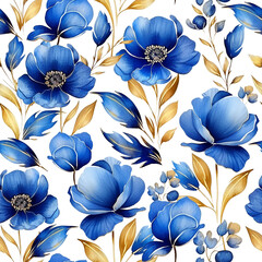 watercolor seamless pattern, set of flowers and leaves in blue and gold. flower bouquets isolated