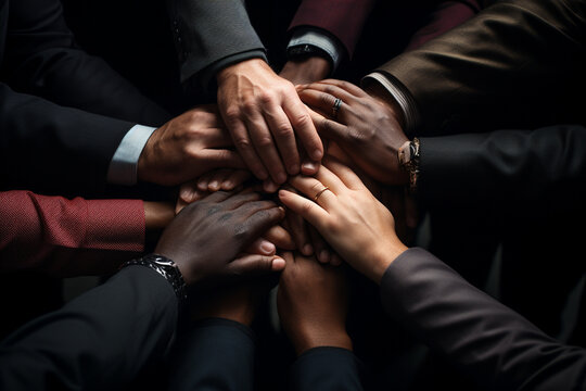 A powerful image capturing the strength of a united business team, hands interlocked in a show of solidarity, radiating a sense of teamwork and cohesion.