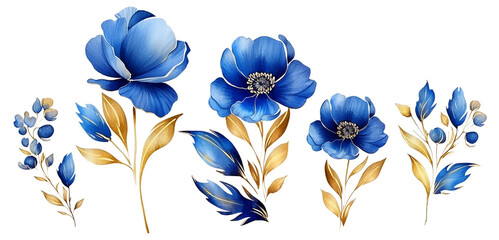 watercolor drawing, set of flowers and leaves in blue and gold colors. flower bouquets isolated - obrazy, fototapety, plakaty